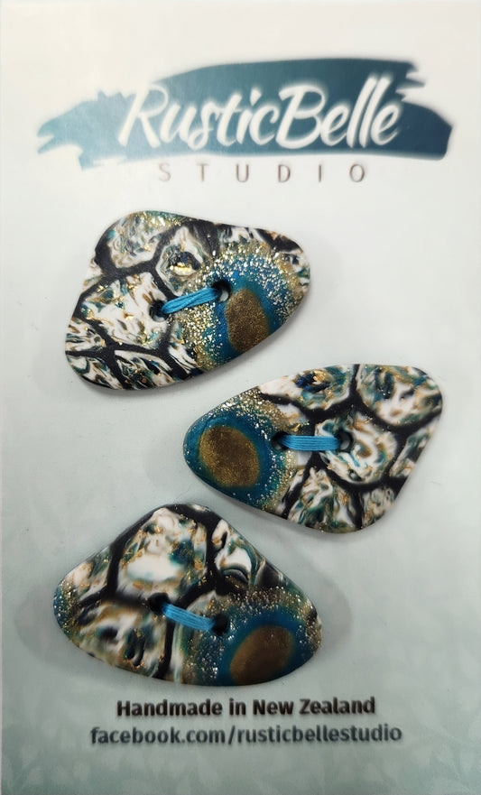 Rusticbelle Buttons - Polymer Clay Blue Gold 3pk