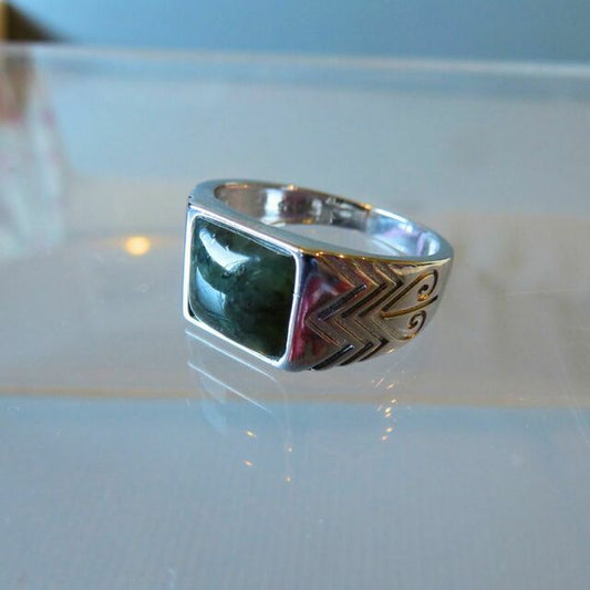 Mens Stirling Silver Ring with NZ Greenstone Square