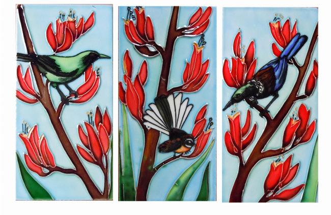 NZ Birds on Flax Triptych