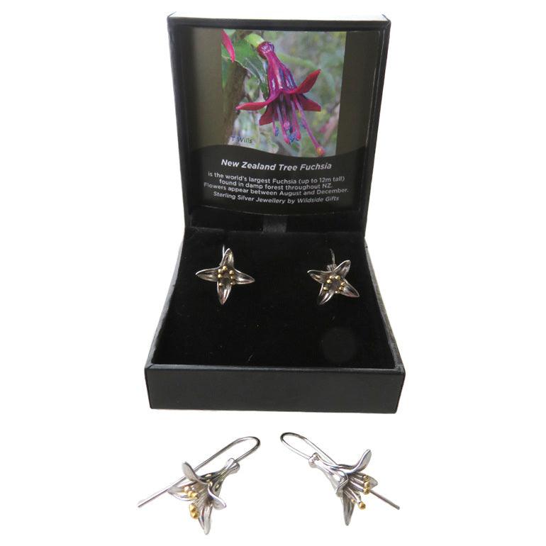 Sterling Silver NZ Fuchsia flower drop earrings