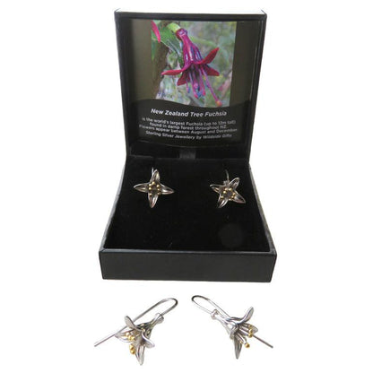 Sterling Silver NZ Fuchsia flower drop earrings