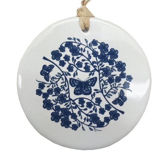 Jo Luping Design - Blue Manuka On White - 8cm Porcelain Hanging Tile